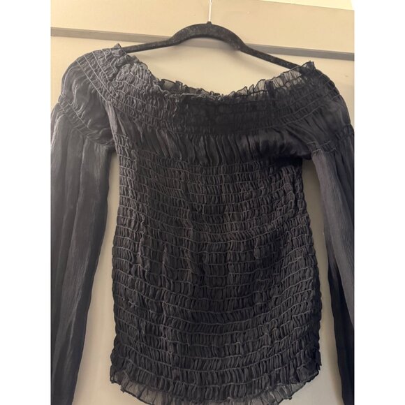 Sheer Black Smocked Off-Shoulder Long Sleeve Top By Compliance Alliance - Picture 7 of 7